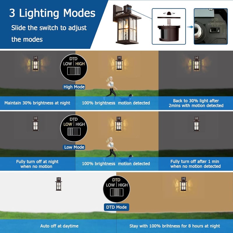 FLEDAVID 2 Pack Motion Sensor Outdoor Wall Lights Dusk to Dawn Exterior Porch Lantern Brown Outside Sconce Lighting Fixtures Rustic Farmhouse Wall Mount Carriage Lamp for House Garage Patio - Image 4